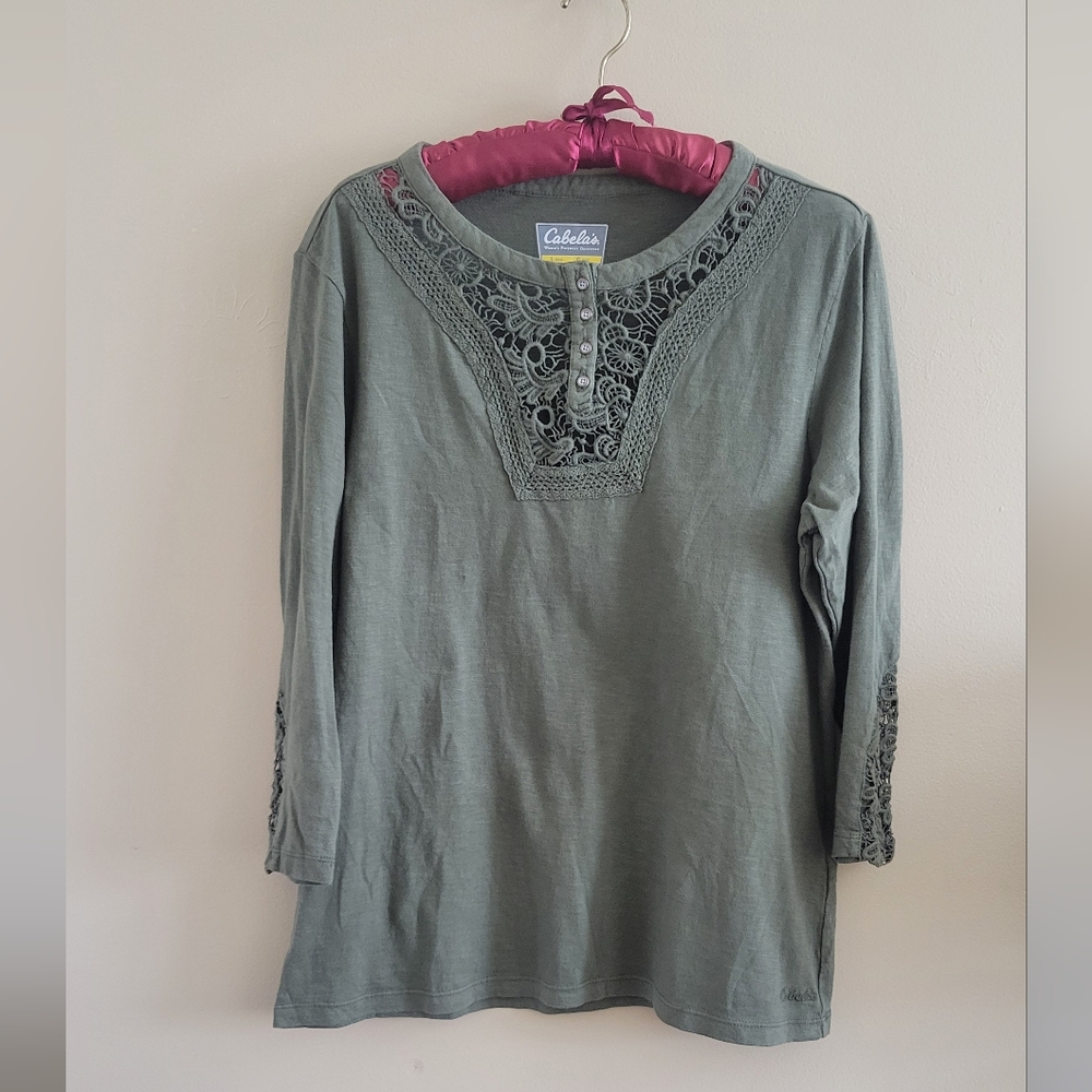 4/$15 SALE Cabela's | Olive Lace Accent Women's Blouse Top Outdoors Hiking